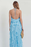 Blush Halter A Line Ruffled Long Wedding Guest Dress