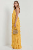 Blush Halter A Line Ruffled Long Wedding Guest Dress