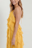 Blush Halter A Line Ruffled Long Wedding Guest Dress