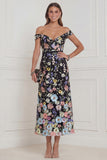 Off the Shoulder Black 3D Flower A Line Midi Wedding Guest Dress