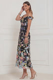 Off the Shoulder Black 3D Flower A Line Midi Wedding Guest Dress