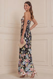 Strapless Black Sheath Wedding Guest Dress with 3D Flowers