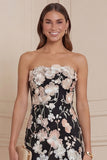 Strapless Black Sheath Wedding Guest Dress with 3D Flowers