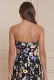 Strapless Black Sheath Wedding Guest Dress with 3D Flowers