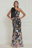 Floral Sage Green Mermaid One Shoulder Long Wedding Guest Dress with Bow