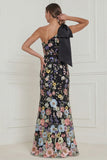 Floral Sage Green Mermaid One Shoulder Long Wedding Guest Dress with Bow