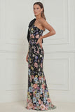 Floral Sage Green Mermaid One Shoulder Long Wedding Guest Dress with Bow