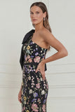 Floral Sage Green Mermaid One Shoulder Long Wedding Guest Dress with Bow
