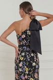 Floral Sage Green Mermaid One Shoulder Long Wedding Guest Dress with Bow