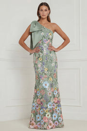 Floral Sage Green Mermaid One Shoulder Long Wedding Guest Dress with Bow