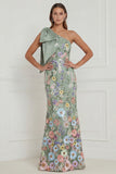 Floral Sage Green Mermaid One Shoulder Long Wedding Guest Dress with Bow