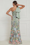 Floral Sage Green Mermaid One Shoulder Long Wedding Guest Dress with Bow