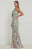 Floral Sage Green Mermaid One Shoulder Long Wedding Guest Dress with Bow