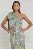 Floral Sage Green Mermaid One Shoulder Long Wedding Guest Dress with Bow