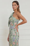 Floral Sage Green Mermaid One Shoulder Long Wedding Guest Dress with Bow