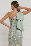 Floral Sage Green Mermaid One Shoulder Long Wedding Guest Dress with Bow