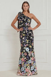 Black Flower One Shoulder Mermaid Long Wedding Guest Dress with Bow