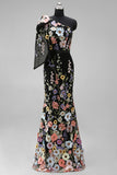Black Flower One Shoulder Mermaid Long Wedding Guest Dress with Bow