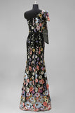 Black Flower One Shoulder Mermaid Long Wedding Guest Dress with Bow