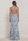 Halter Light Blue Mermaid Embroidered Long Wedding Guest Dress