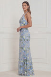 Halter Light Blue Mermaid Embroidered Long Wedding Guest Dress