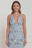 Halter Light Blue Mermaid Embroidered Long Wedding Guest Dress