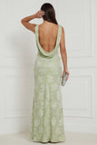 Sage Green Floral Cowl Neck Sheath Long Bridesmaid Dress with Slit