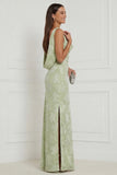 Sage Green Floral Cowl Neck Sheath Long Bridesmaid Dress with Slit