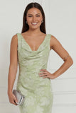 Sage Green Floral Cowl Neck Sheath Long Bridesmaid Dress with Slit