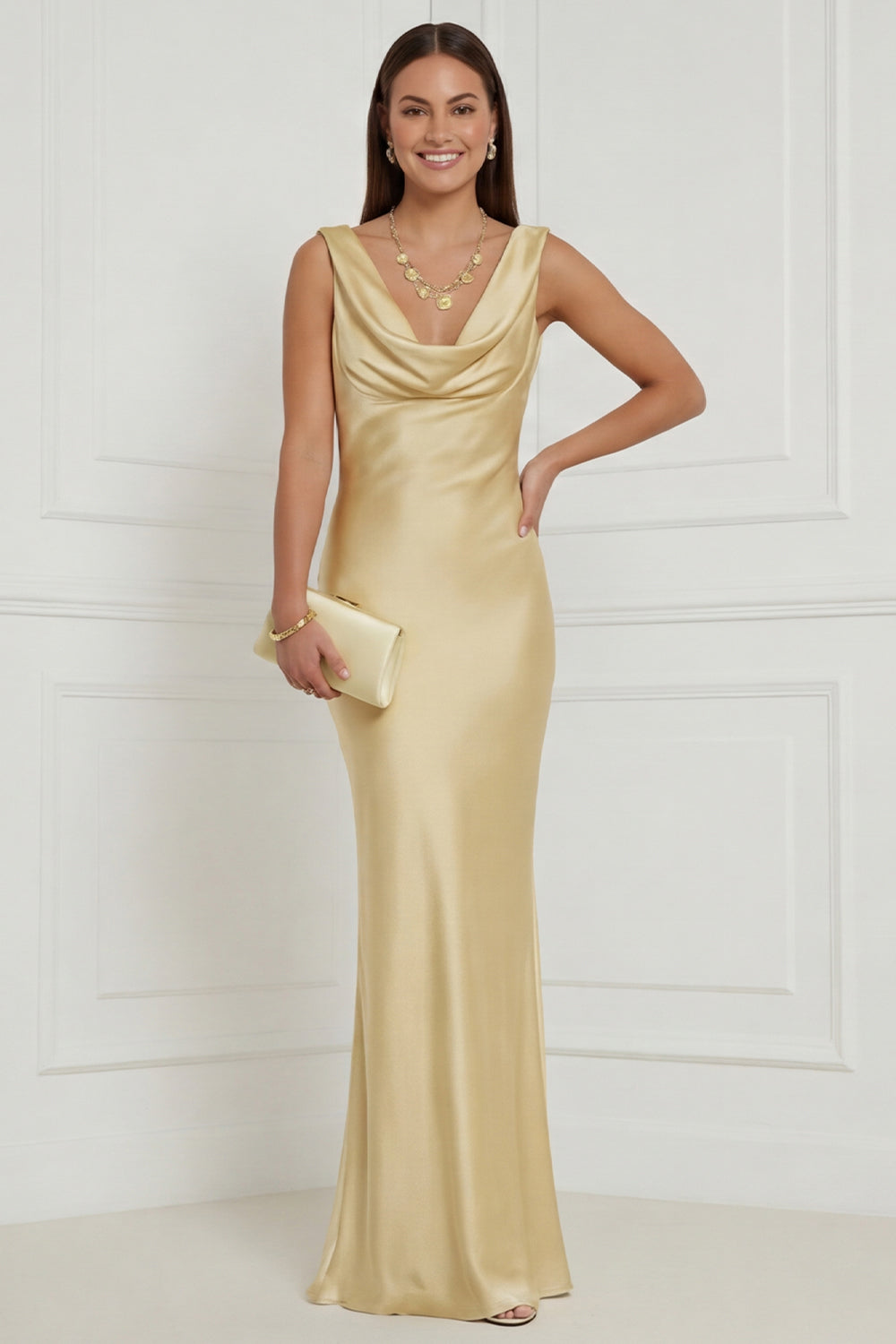 WEDTREND Women Champagne Maxi Wedding Guest Dress Mermaid Cowl Neck Satin Bridesmaid Dress, Champagne / US2
