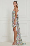 Light Blue Flower Strapless Bodycon Corset Appliqued Mini Dress with Bow