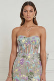 Light Blue Flower Strapless Bodycon Corset Appliqued Mini Dress with Bow