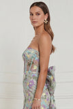 Light Blue Flower Strapless Bodycon Corset Appliqued Mini Dress with Bow