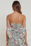 Light Blue Flower Strapless Bodycon Corset Appliqued Mini Dress with Bow