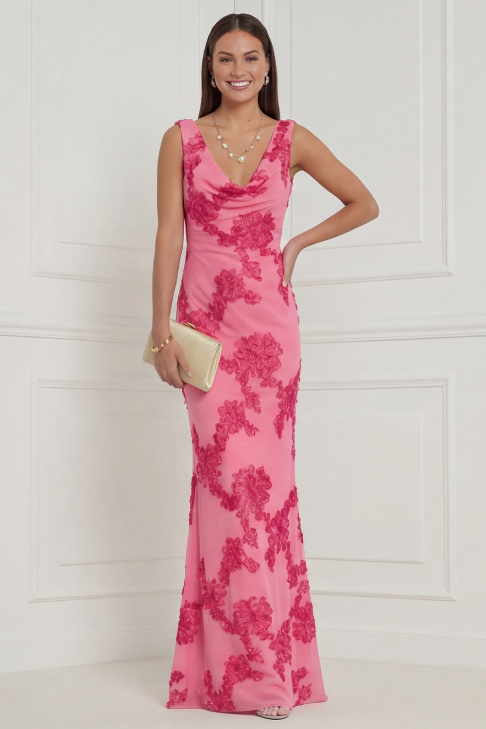 WEDTREND Women Hot Pink Floral Long Bridesmaid Dress V Neck Mermaid Wedding Guest Dress, Sage Green / US10