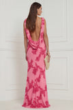 Hot Pink Floral Mermaid V Neck Long Bridesmaid Dress