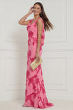 Hot Pink Floral Mermaid V Neck Long Bridesmaid Dress