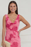 Hot Pink Floral Mermaid V Neck Long Bridesmaid Dress