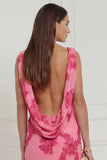 Hot Pink Floral Mermaid V Neck Long Bridesmaid Dress