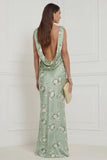 Sage Green Floral Mermaid Satin Long Bridesmaid Dress