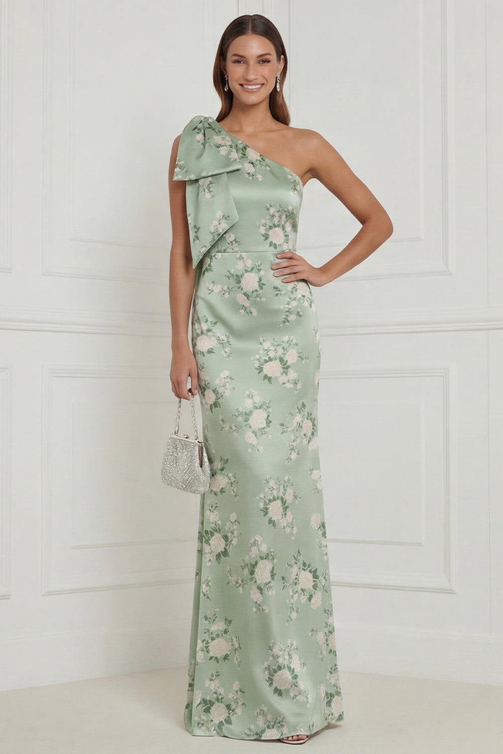 WEDTREND Women Sage Green One Shoulder Bridesmaid Dress Sheath Floral Satin  Long Wedding Guest Dress