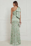 Sage Green One Shoulder Sheath Floral Long Bridesmaid Dress with Bow