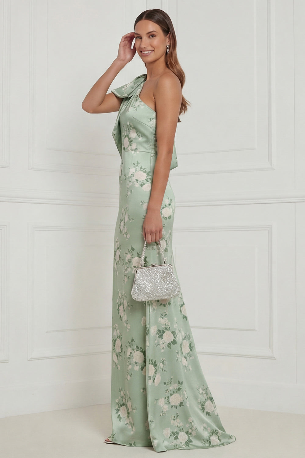 WEDTREND Women Sage Green One Shoulder Bridesmaid Dress Sheath Floral Satin  Long Wedding Guest Dress