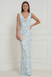 Floral Printed Blue White V Neck Mermaid Long Bridesmaid Dress