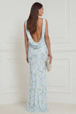 Floral Printed Blue White V Neck Mermaid Long Bridesmaid Dress