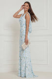 Floral Printed Blue White V Neck Mermaid Long Bridesmaid Dress