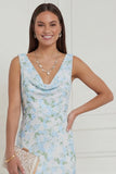 Floral Printed Blue White V Neck Mermaid Long Bridesmaid Dress