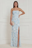 Blue White Floral Strapless Corset Long Bridesmaid Dress with Slit