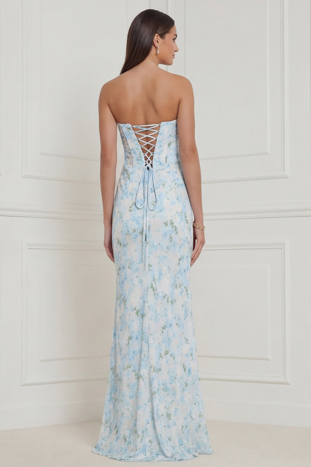WEDTREND Women Blue White Floral Strapless Bridesmaid Dress Corset Sheath Long Wedding Guest Dress with Slit, Blue White Flower / US12