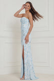 Blue White Floral Strapless Corset Long Bridesmaid Dress with Slit